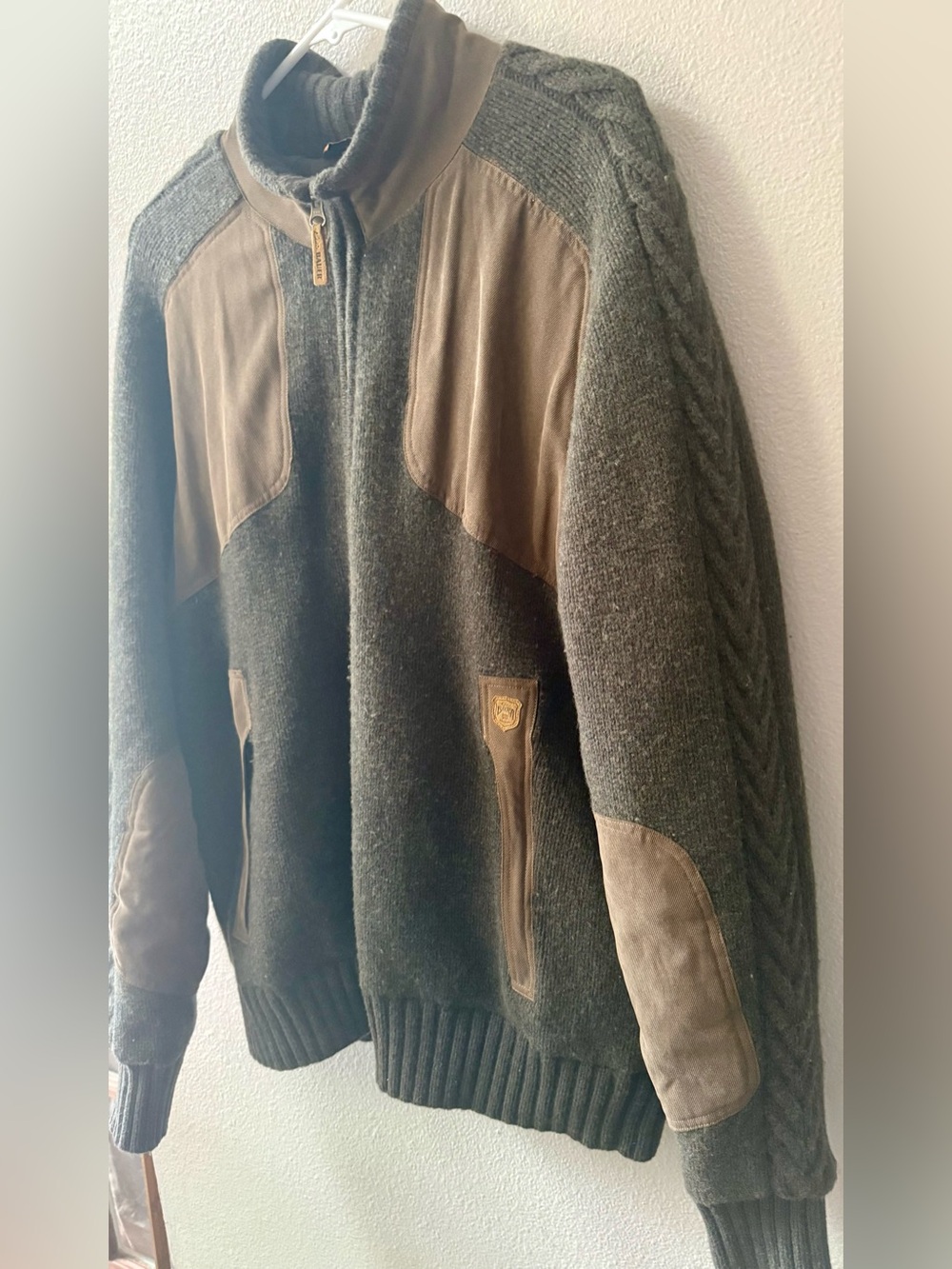 Vtg. Eddie Bauer Merino Green Wool Canvas Patches Cable-Knit Zip Up Sweater Sz.L - Picture 3 of 9